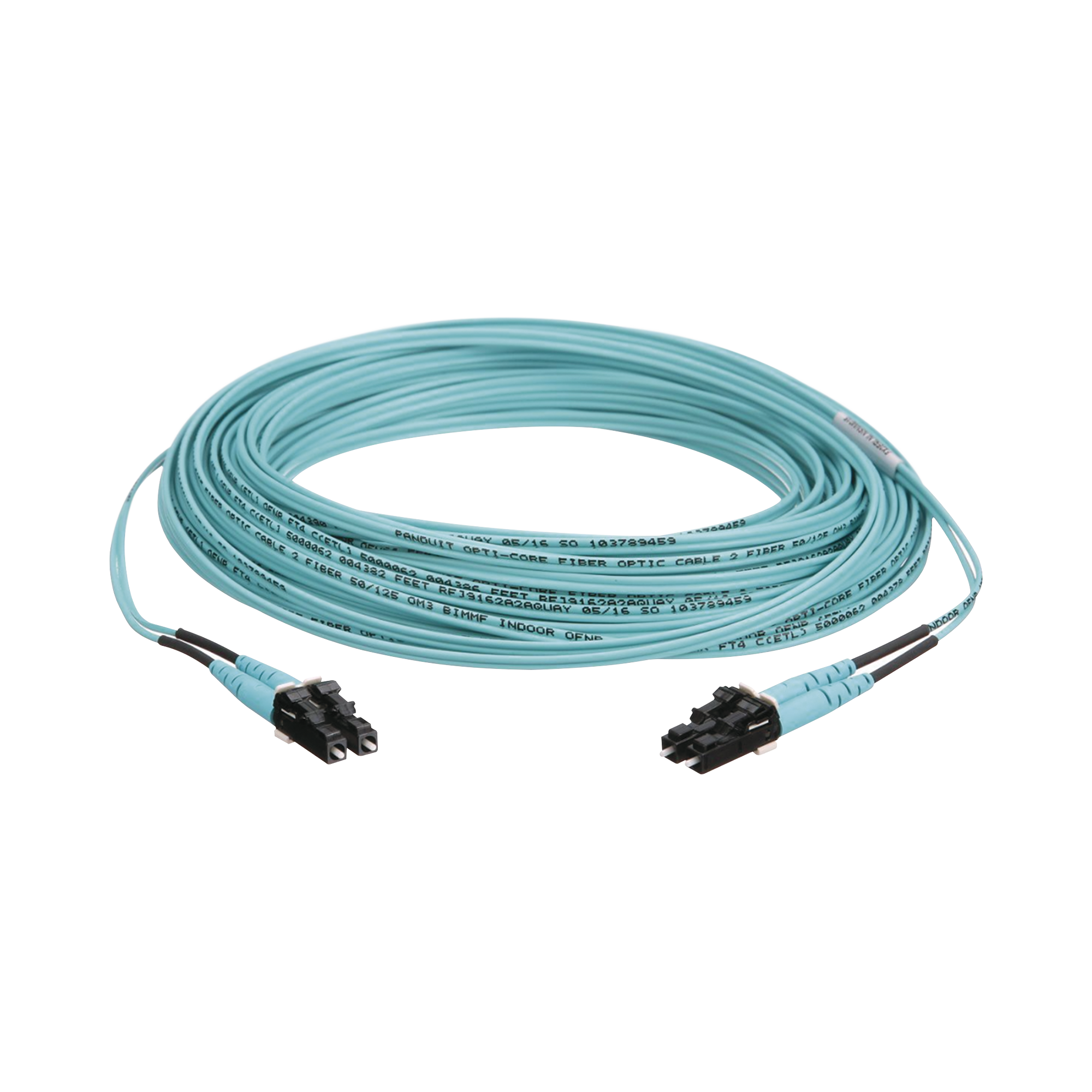 Jumper de Fibra Optica Multimodo 50/125 OM3, LC-LC Duplex, OFNR (Riser), Color Aqua, 30 Metros