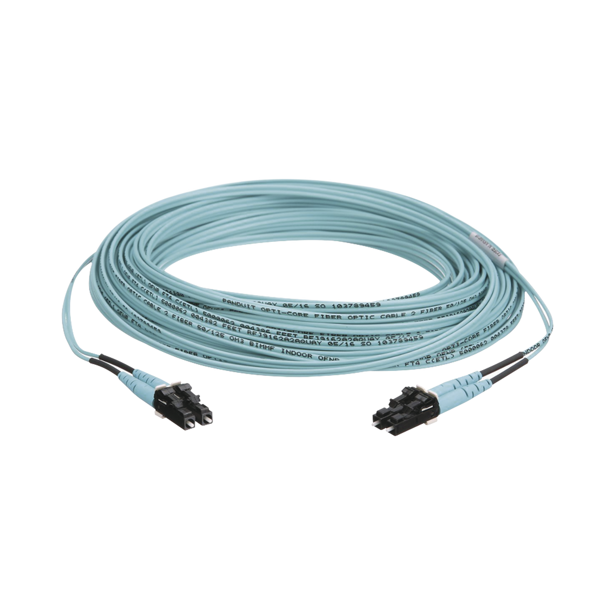 Jumper de Fibra Optica Multimodo 50/125 OM3, LC-LC Duplex, OFNR (Riser), Color Aqua, 50 Metros