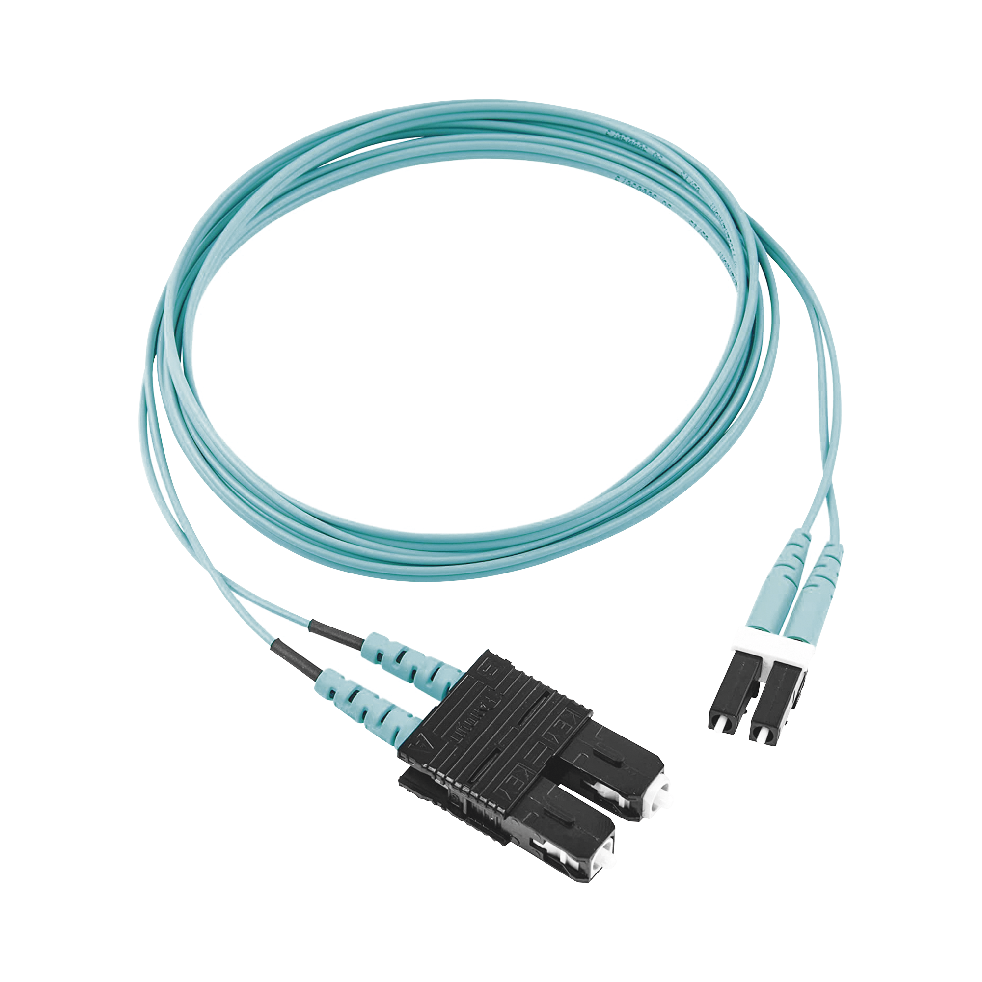 Jumper de Fibra Optica Multimodo 50/125 OM3, LC-SC Duplex, OFNR (Riser), Color Aqua, 30 Metros