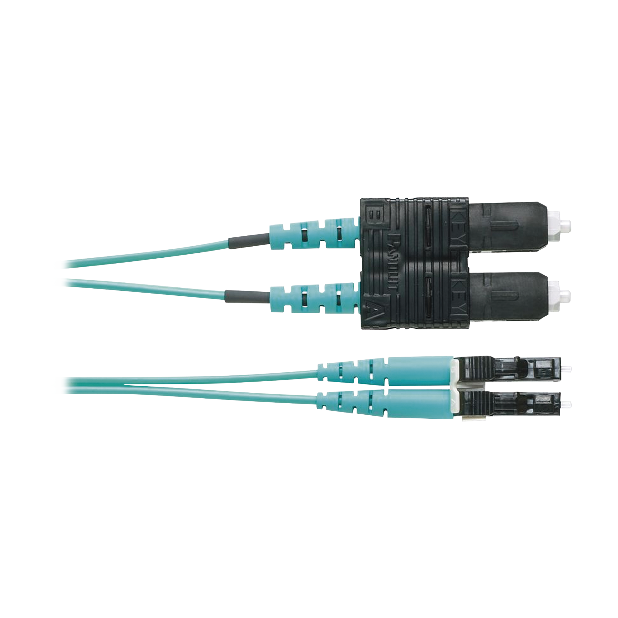 Jumper de Fibra Optica Multimodo 50/125 OM4, LC-SC Duplex, OFNR (Riser), Color Aqua, 1 Metro