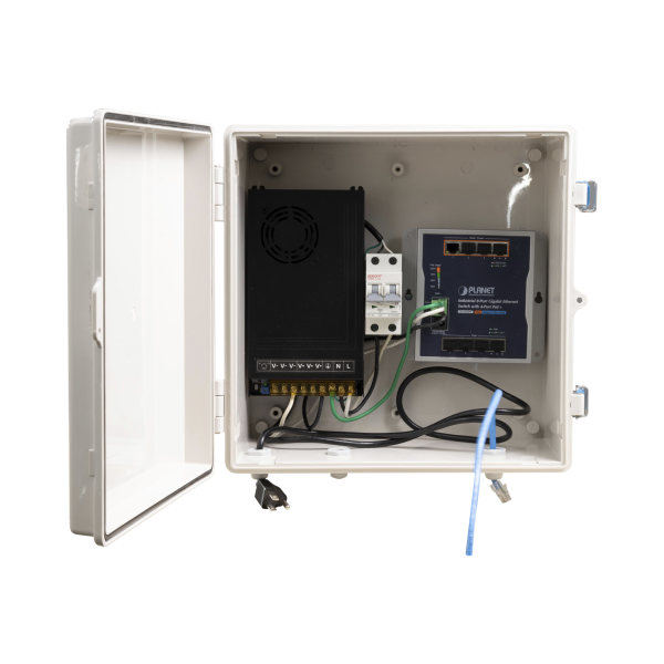 Switch para exterior / 8 puertos Gigabit con 4 puertos PoE 802.3at / Protección térmica 2P, 16A, Corriente Alterna 400 Vca