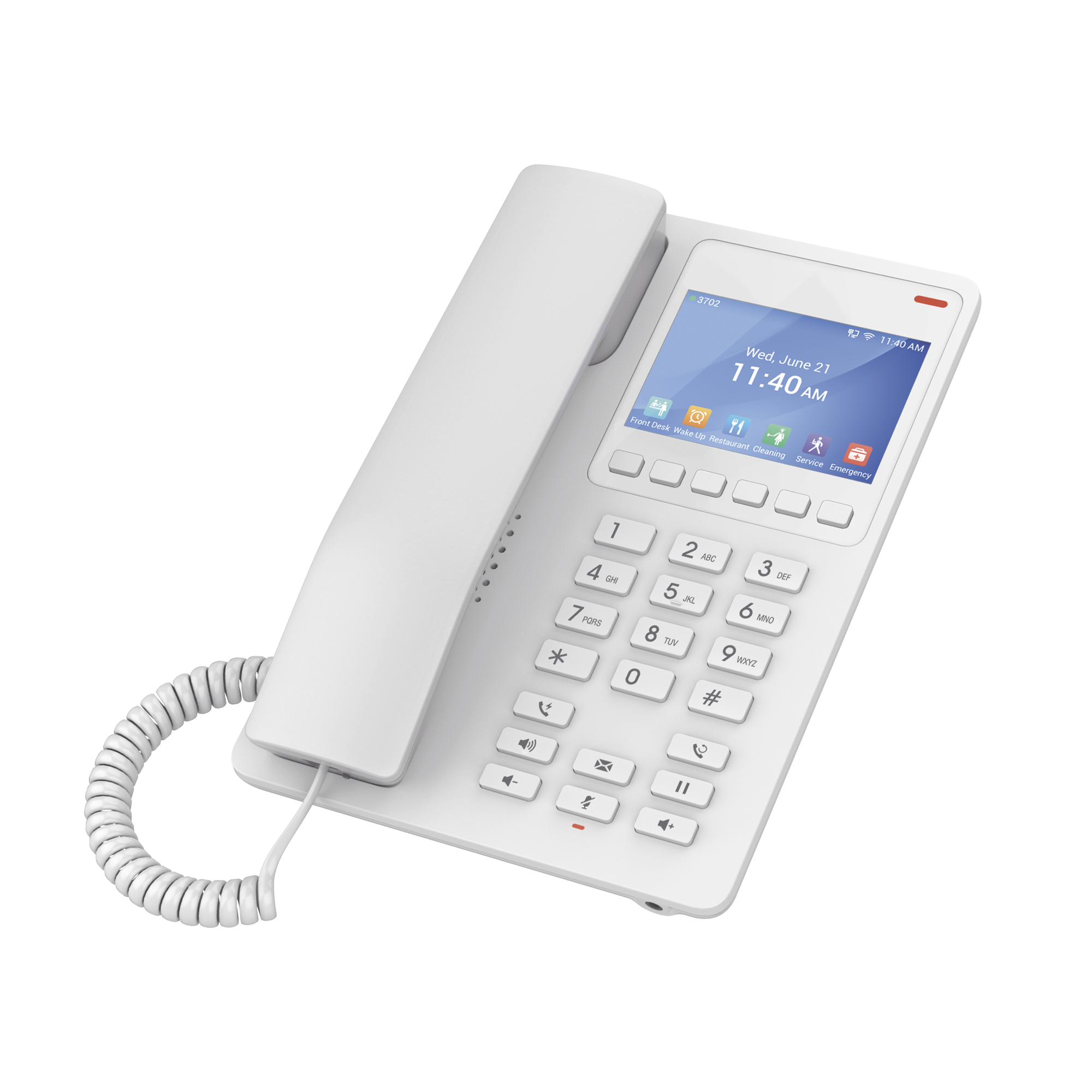 Teléfono IP Hotelero con pantalla LCD a color, 2 líneas SIP con 2 cuentas, codec Opus, IPV4/IPV6, color blanco, con gestión en la nube GDMS