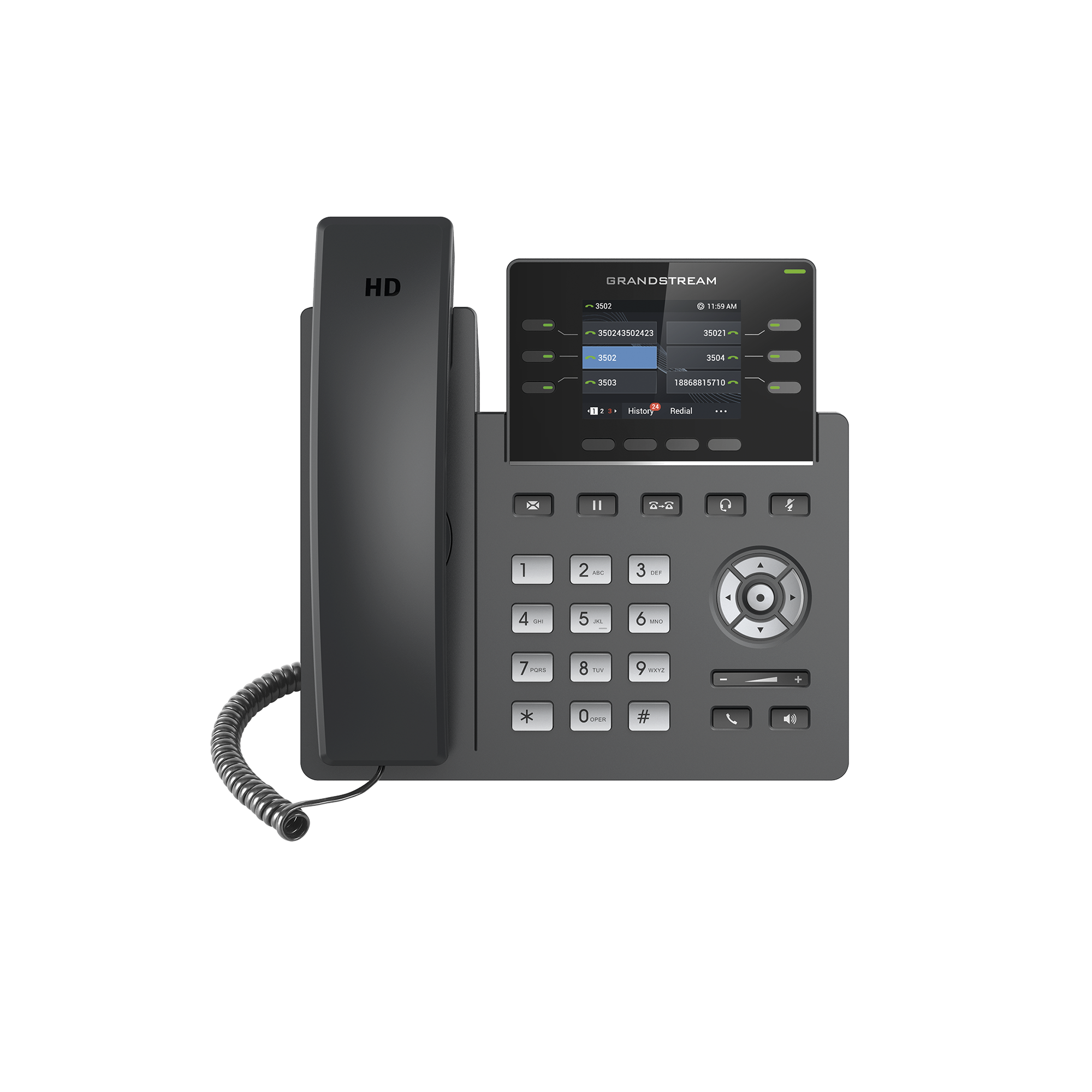 Teléfono IP Grado Operador, 3 líneas SIP con 6 cuentas, puertos Gigabit,PoE,  pantalla a color 2.4", codec Opus, IPV4/IPV6 con gestión en la nube GDMS
