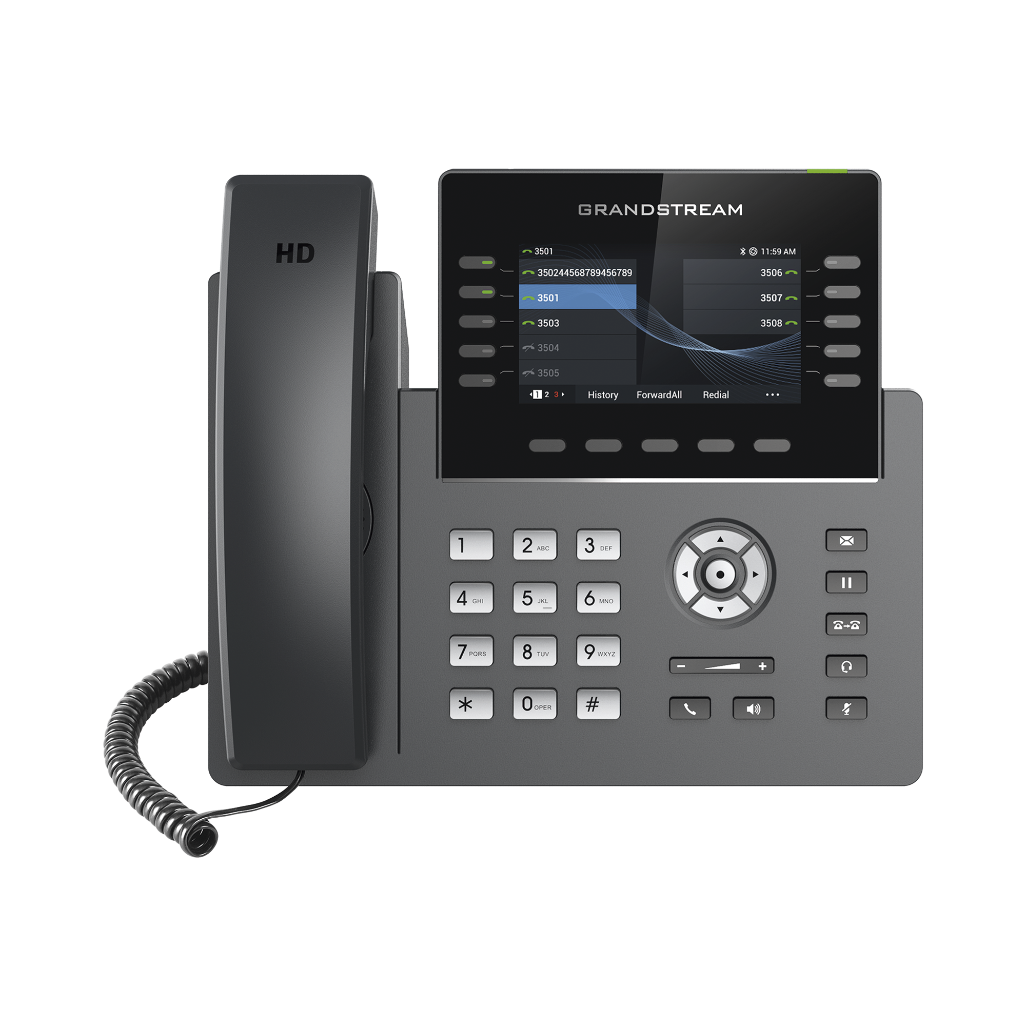 Teléfono IP Wi-Fi, Grado Operador, 10 líneas SIP con 5 cuentas, pantalla a color 4.3", puertos Gigabit, Bluetooth, PoE, codec Opus, IPV4/IPV6 con gestión en la nube GDMS