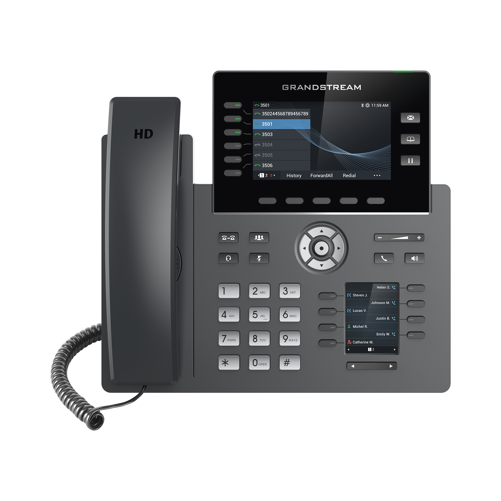 Teléfono IP Wi-Fi, Grado Operador, 6 líneas SIP con 6 cuentas, pantalla a color 4.3", puertos Gigabit, Bluetooth, PoE, codec Opus, IPV4/IPV6 con gestión en la nube GDMS