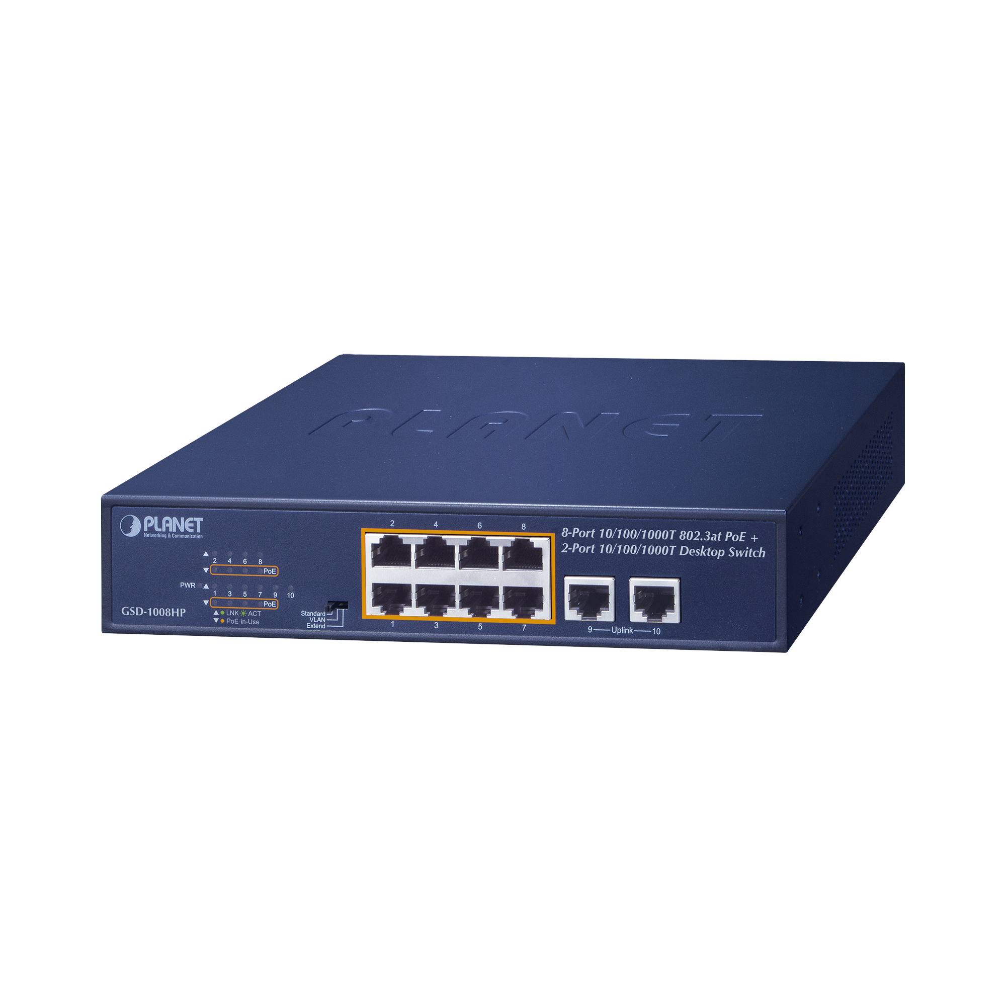 Switch PoE No Administrable, Modo Extendido Hasta 250 m, 10 Puertos 10/100/1000 Mbps, 8 Puertos PoE 802.3af/at, 2 Puertos Uplink, Hasta 120 W