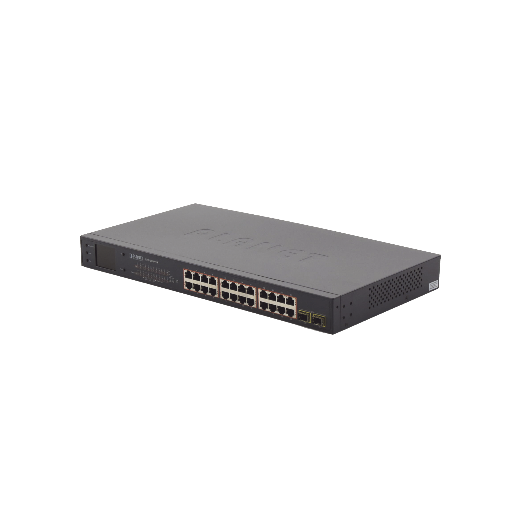 Switch PoE de 24 Puertos Gigabit 802.3af/at con Modo Extendido 250 m, 2 Puertos SFP 1000SX , Pantalla LCD para Configuración Básica, Hasta 300 W para PoE