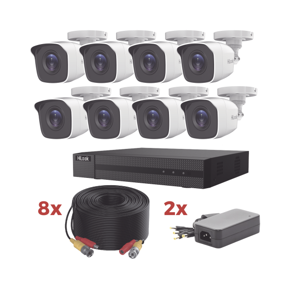 Kit TurboHD / DVR 8 Canales 1080p Lite / 8 Cámaras bala 1080p metalicas / 8 cables de 20 metros / 2 fuentes de 4 canales