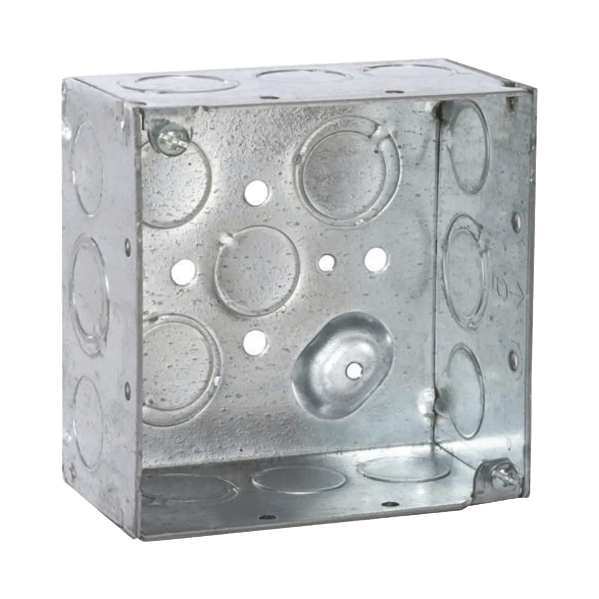 Caja Cuadrada Galvanizada  de 4" x 4", profundidad de 2 1/8". Cuenta con 10 KO de 1/2" y 6 TKO (1/2" - 3/4"))
