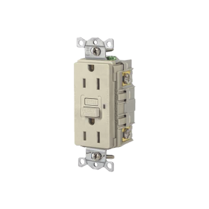 Contacto de Auto-verificación GFCI con Interruptor de Falla a Tierra de 15 A 125 V 2 Polos/ Color Marfil / Nema 5-15R / Grado Industrial Comercial.