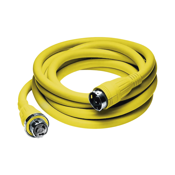 Conjunto de Cable con Extremos Macho y Hembra / 50 A 125/250 V CA / 3 Polos 4 Hilos / Color Amarillo / Grado Marino.