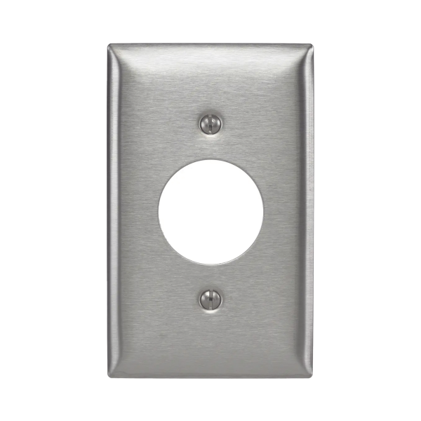 Placa para Receptáculo Sencillo de 15 y 20 A de Entrada Recta y  para Receptáculo de 15 A de Media Vuelta/ 1.4" (35.56 mm) / Acero Inoxidable.