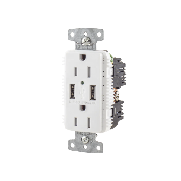 Contacto Dúplex con 2 Puertos USB, 15A 125V, 2 Polos, 3 Hilos, Color Blanco.