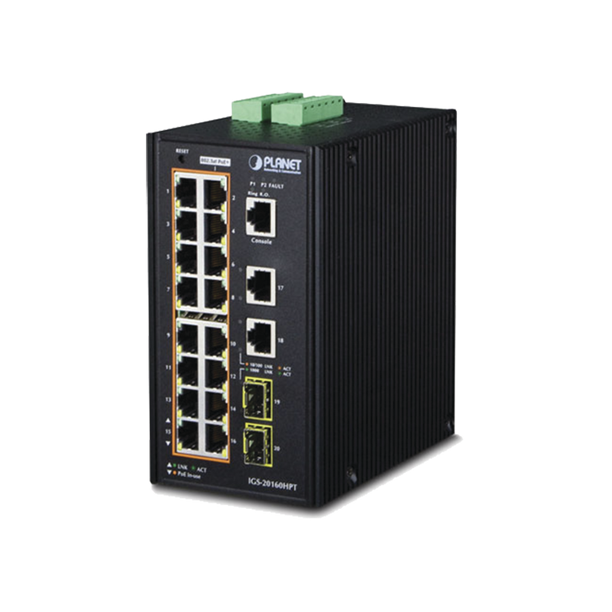 Switch Industrial Administrable 16 puertos 10/100/1000 T 802.3at PoE + 2 Puertos 10/100/1000 T + 2 puertos 100/1000 X SFP
