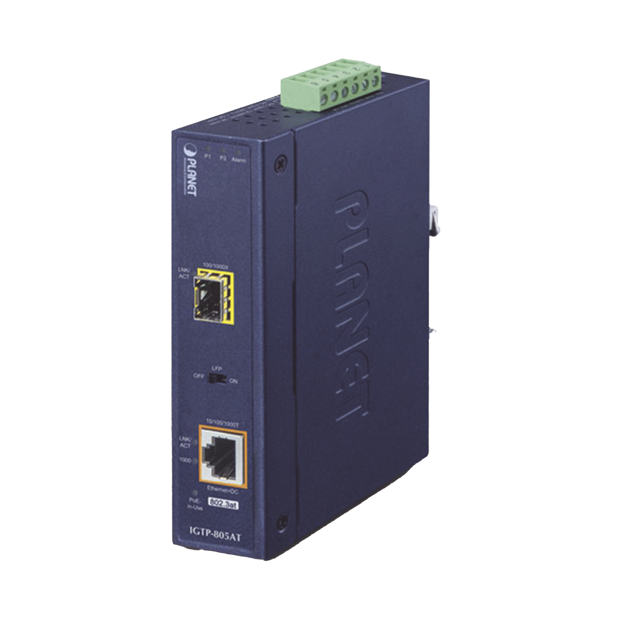 Convertidor de Medios PoE Industrial, Puerto SFP 1000BASE-SX/LX a Puerto RJ45 Gigabit con Salida PoE 802.3at (Hasta 30 W).