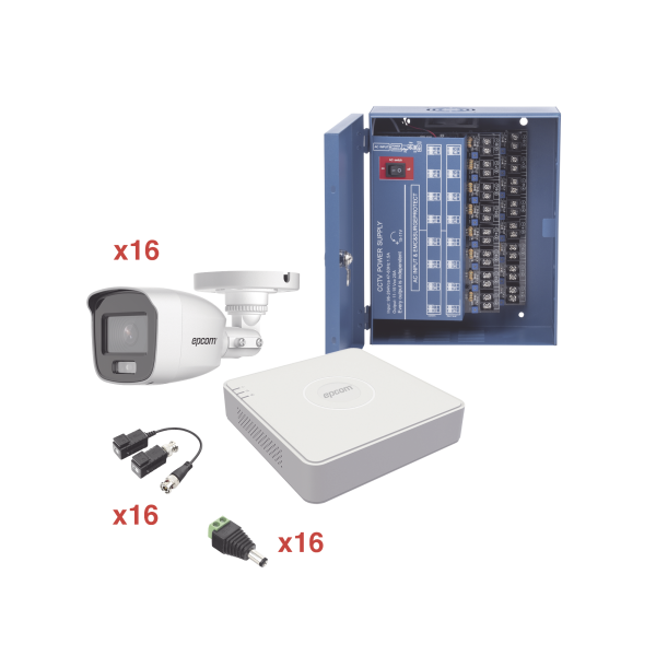 Kit TurboHD 1080p Lite / DVR 16 Canales / 16 Cámaras Bala Exterior ( 2.8mm) con ColorVu + Micrófono Integado / Transceptores / Conectores / Fuente de Poder Profesional