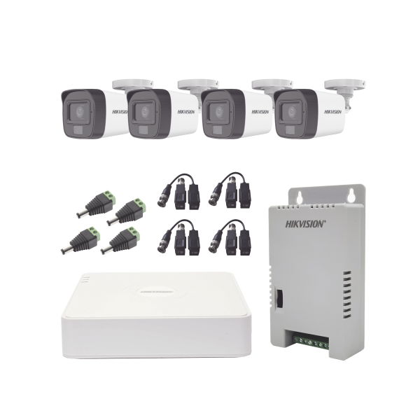 Kit TURBOHD 1080p / DVR 4 Canales / 4 Cámaras con Micrófono Integrado y 101¬∞ Visión / Luz Blanca + IR Visión Nocturna / Transceptores / Conectores / Fuente de Poder Profesional Compacta