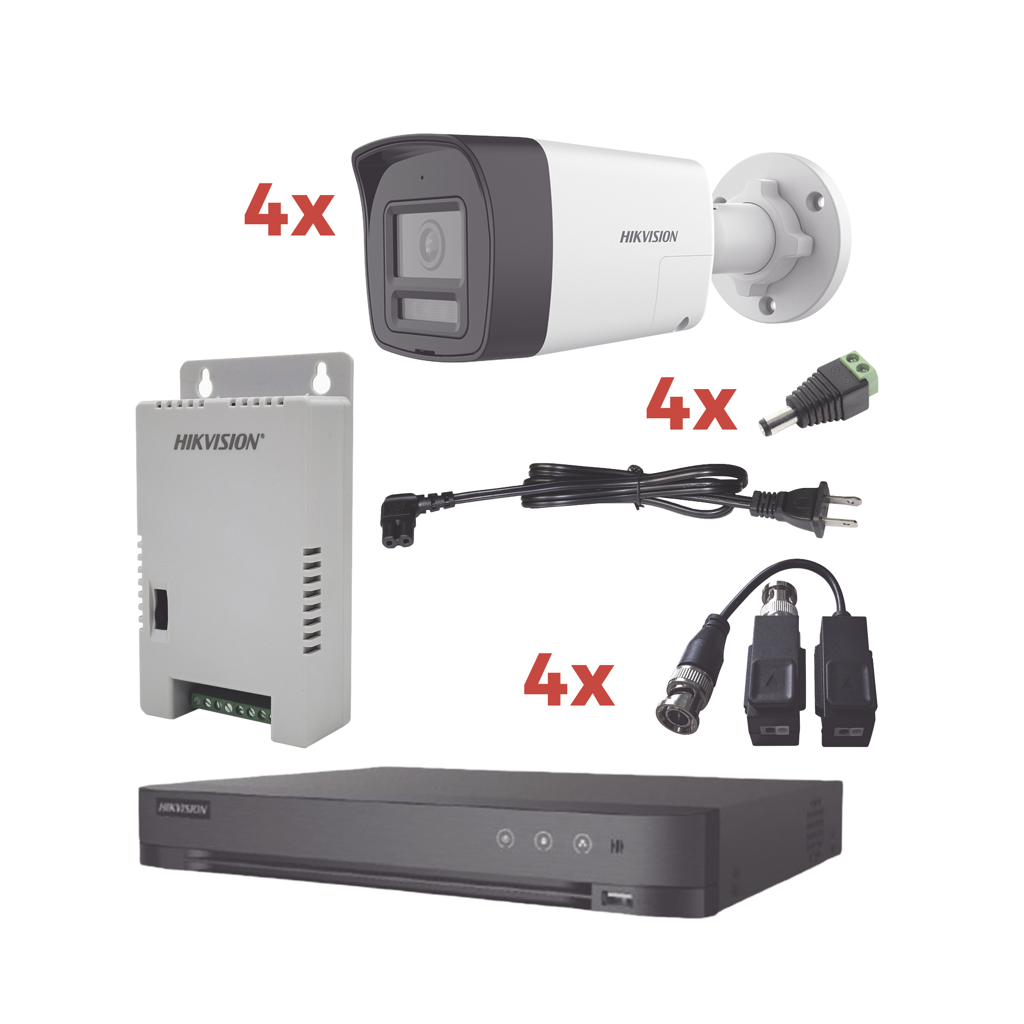 Kit Audio Bidireccional TurboHD 1080p / DVR 4 Canales / 4 Cámaras Bala (Exterior) con Bocina y Microfóno Integrado / 1 Fuente de Poder / Accesorios