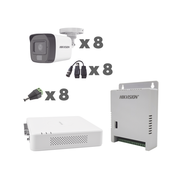 KIT TurboHD 1080p / DVR 8 Canales con audio por coaxitron / 8 Cámaras con Micrófono Integrado 101¬∞ Visión/  luz blanca + IR visión nocturna  / Transceptores / Conectores / Fuente de Poder Profesional