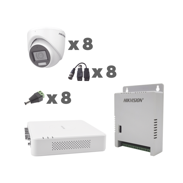 KIT TurboHD 1080p / DVR 8 Canales con audio por coaxitron / 8 Cámaras con Micrófono Integrado 106¬∞ Visión/  luz blanca + IR visión nocturna  / Transceptores / Conectores / Fuente de Poder Profesional