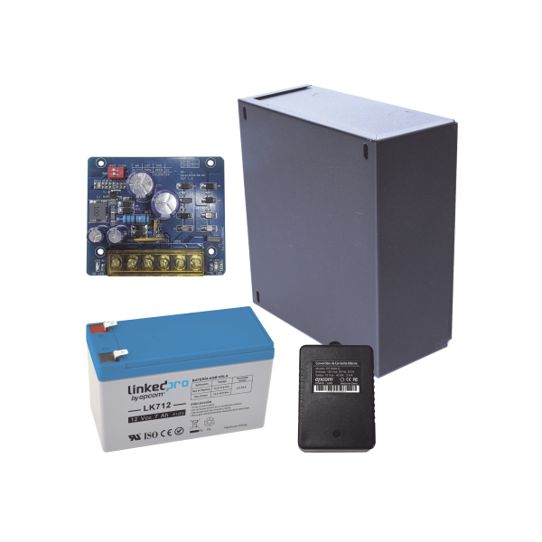 Kit con fuente PLB2 con salida de 12 Vcc a 2.5 Amper, incluye transformador y batería de 12 V a 7 Amper
