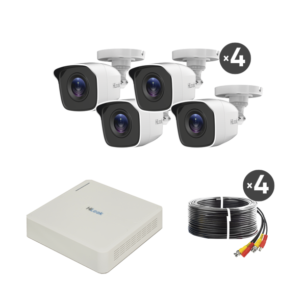 Kit TurboHD 720p / DVR 4 canales / 4 Cámaras Bala de Metal / 4 Cables 18 Mts / H.265+ / 1 Fuente de Poder Profesional / Accesorios de Instalación