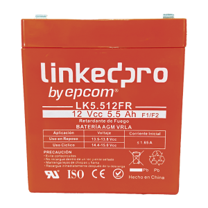 Batería 12 Vcc / 5.5 Ah / UL / Tecnología AGM-VRLA / Vida útil promedio de 5 años / Retardante a la Flama / Para uso en equipo electrónico, Alarmas de Intrusión / Incendio/ Control de acceso / Video Vigilancia / T