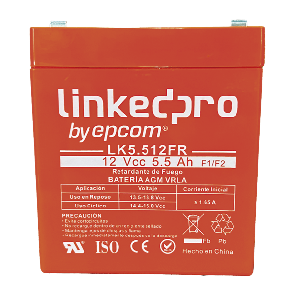 Batería 12 Vcc / 5.5 Ah / UL / Tecnología AGM-VRLA / Vida útil promedio de 5 años / Retardante a la Flama / Para uso en equipo electrónico, Alarmas de Intrusión / Incendio/ Control de acceso / Video Vigilancia / T
