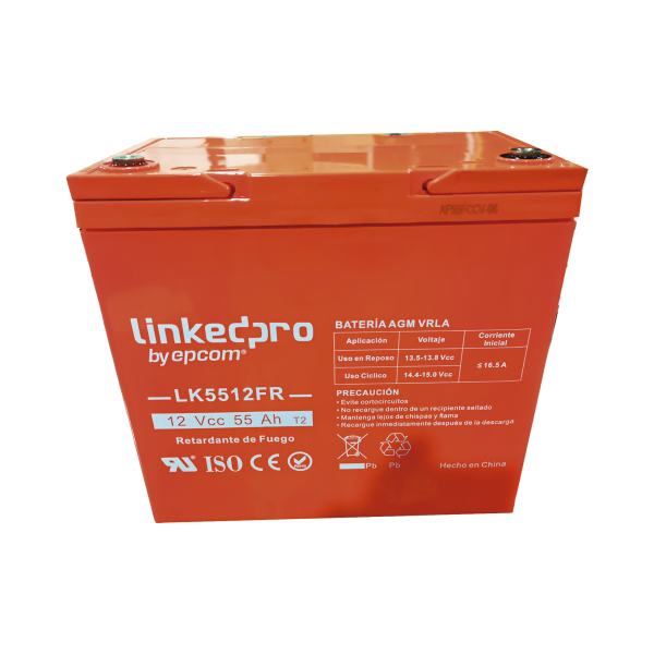 Batería 12 V / 55 Ah / UL / Tecnología AGM-VRLA / Vida útil promedio de 5 años / Retardo a la flama / Para uso en equipo electrónico, Alarmas de Intrusión / Incendio/ Control de acceso / Video Vigilancia / T2