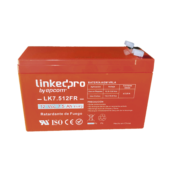 Batería 12 V / 7.5 Ah / UL / Tecnología AGM-VRLA / Vida útil promedio de 5 años / Retardante a la Flama / Para equipo electrónico, Alarmas de Intrusión / Incendio/ Control de acceso / Video Vigilancia / Terminales