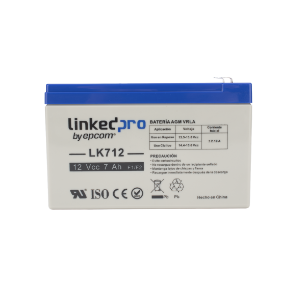 Batería 12 Vcc / 7 Ah / UL / Tecnología AGM-VRLA / Vida útil promedio 5 años / Para uso en equipo electrónico, Alarmas de Intrusión / Incendio / Control de acceso / Video Vigilancia / Terminales F1 ( Incluye adapt
