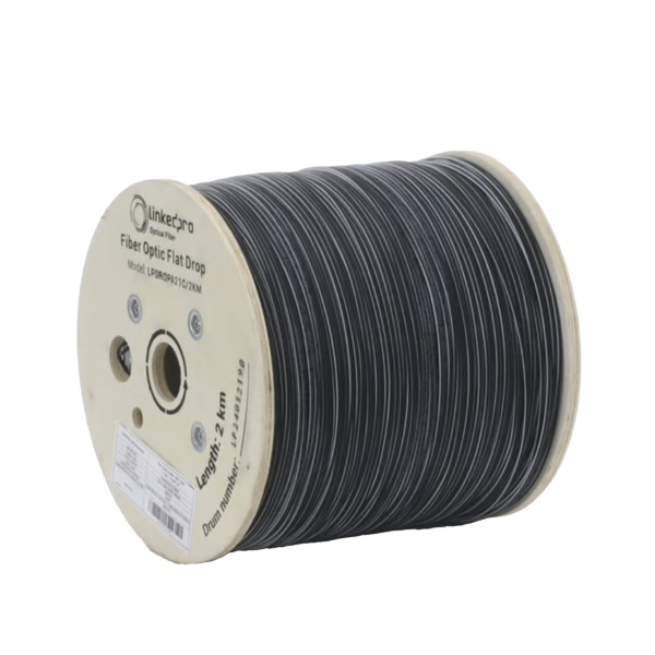 Carrete de 2 km de Fibra Óptica Drop Plana, Interior/Exterior G.657A2 Monomodo de 1 hilo (unifibra), Dieléctrica, Forro Negro, Compatible con Conectores FASC, FASCUP, FASCLC