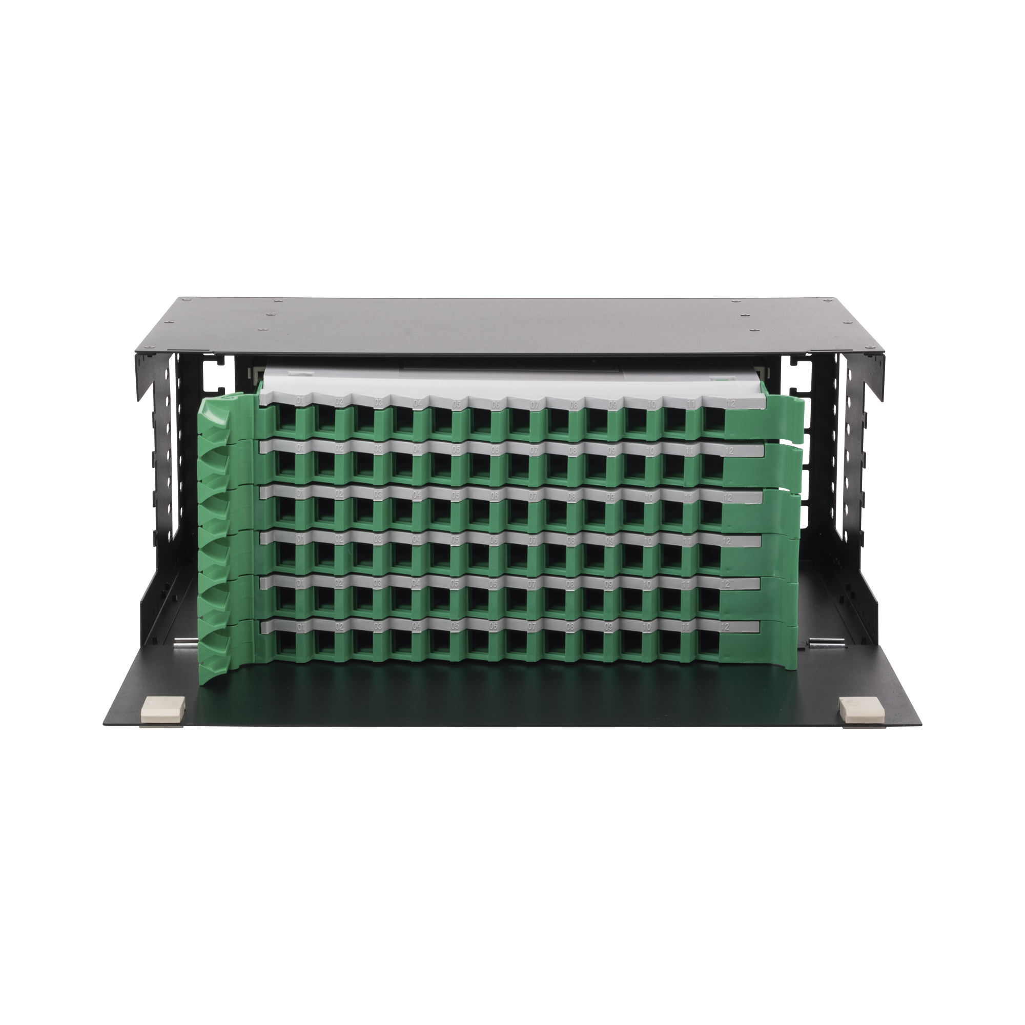 Distribuidor de Fibra Óptica con bandejas deslizables, vacío, 19in, acepta 72 adaptadores "LC Duplex" o "LC Simplex" o 72 "SC" Simplex, 4U