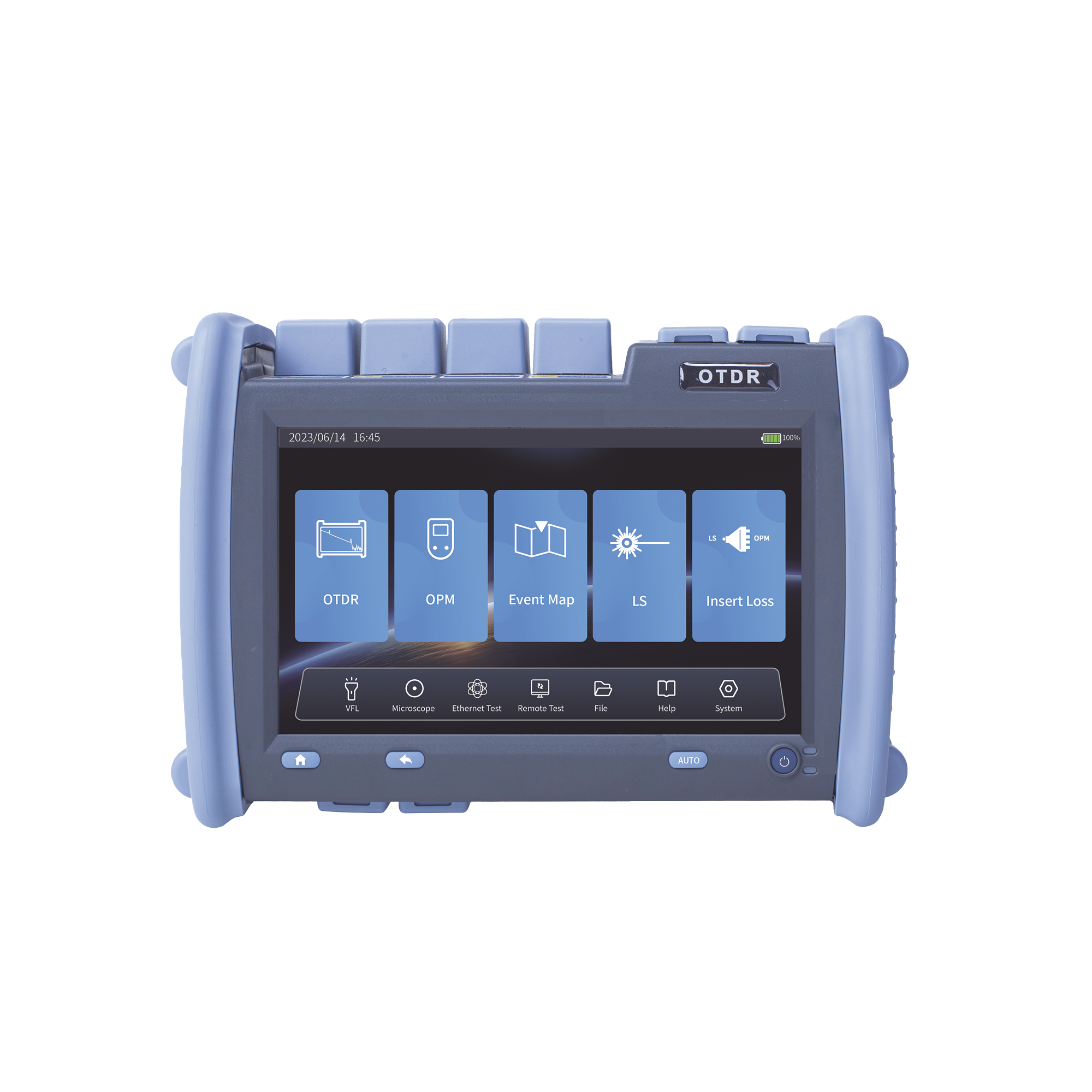 OTDR PRO de Alto Rendimiento para Enlaces de Fibra Óptica Monomodo / Pruebas en Fibra Óptica Viva / Longitudes de onda: 1310nm, 1550nm y 1625nm / Zona Muerta por Evento de 0.8 Metros / VFL 5mW / Distancia de prueba de hasta 420 km