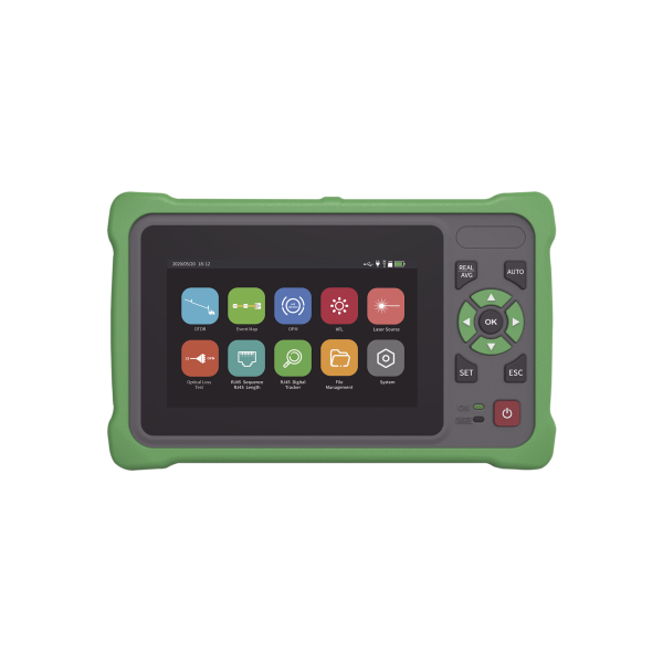 OTDR Touch para Pruebas en los Enlaces de Fibra Óptica / Longitudes de onda ¬†1310nm y 1550nm / Función VFL 10mW / Función OPM / Función de Mapeo de cables de Red RJ45 / Recargable / Distancia de prueba de hasta 260km