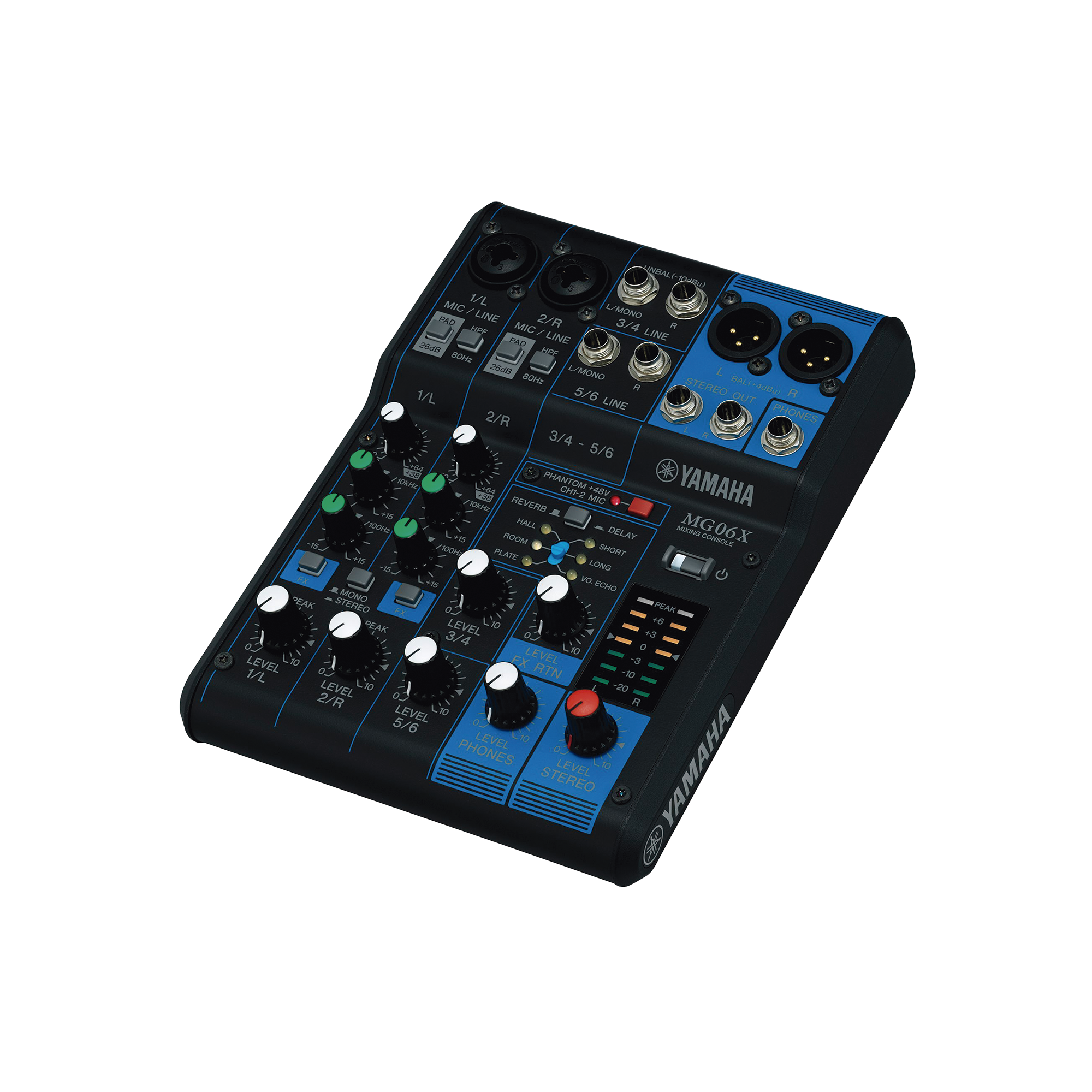 Mezcladora de Audio | 6 Canales | 2 entradas de micro/6 de línea (2 mono + 2 estéreo) | Efectos Integrados | Alimentación Phantom