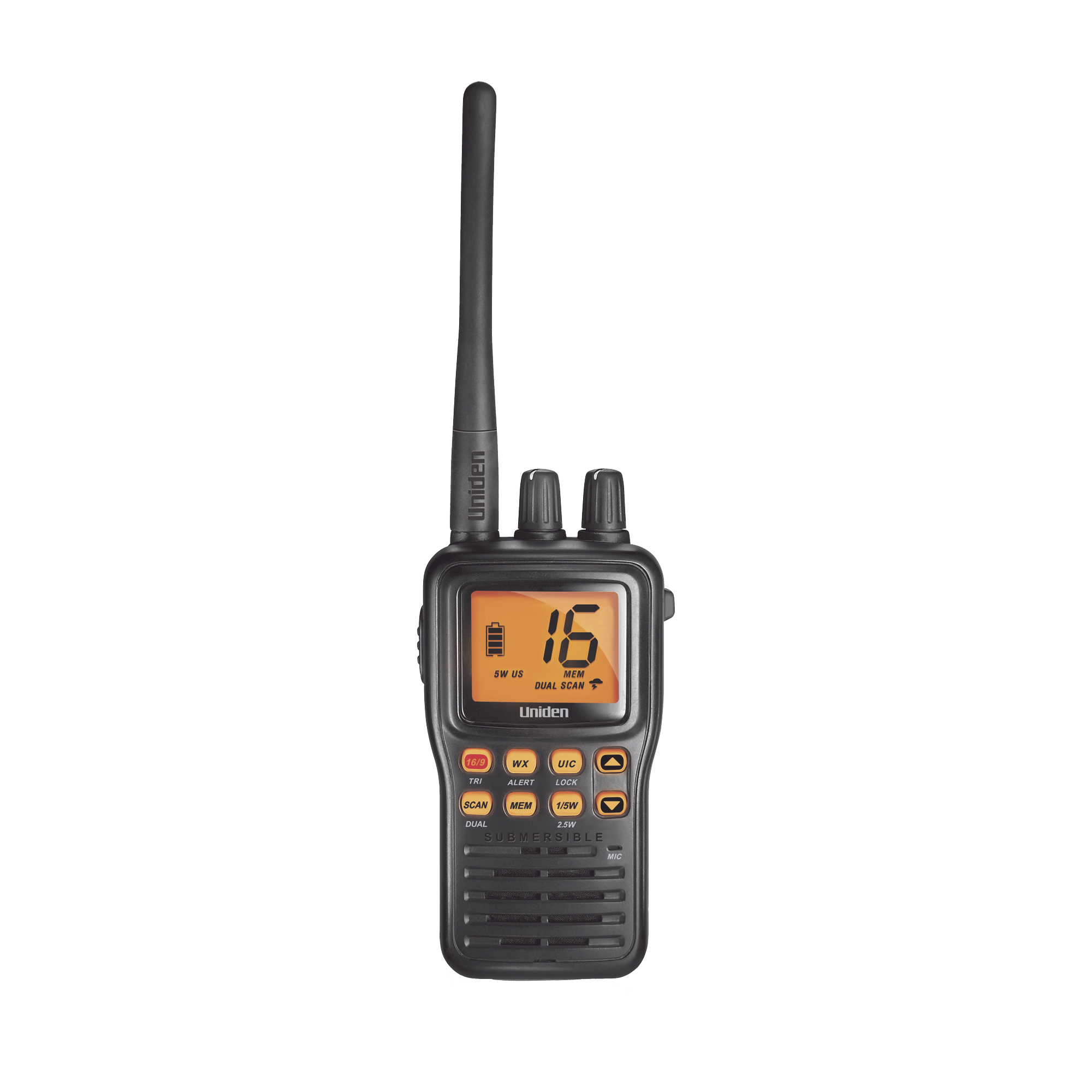 Radio Marino Portátil VHF, flotante y sumergible, Rx: 156.050-163.275MHz Tx: 156.025-157.425MHz, cumple con los canales marinos Internacionales, de EUA y Canadá