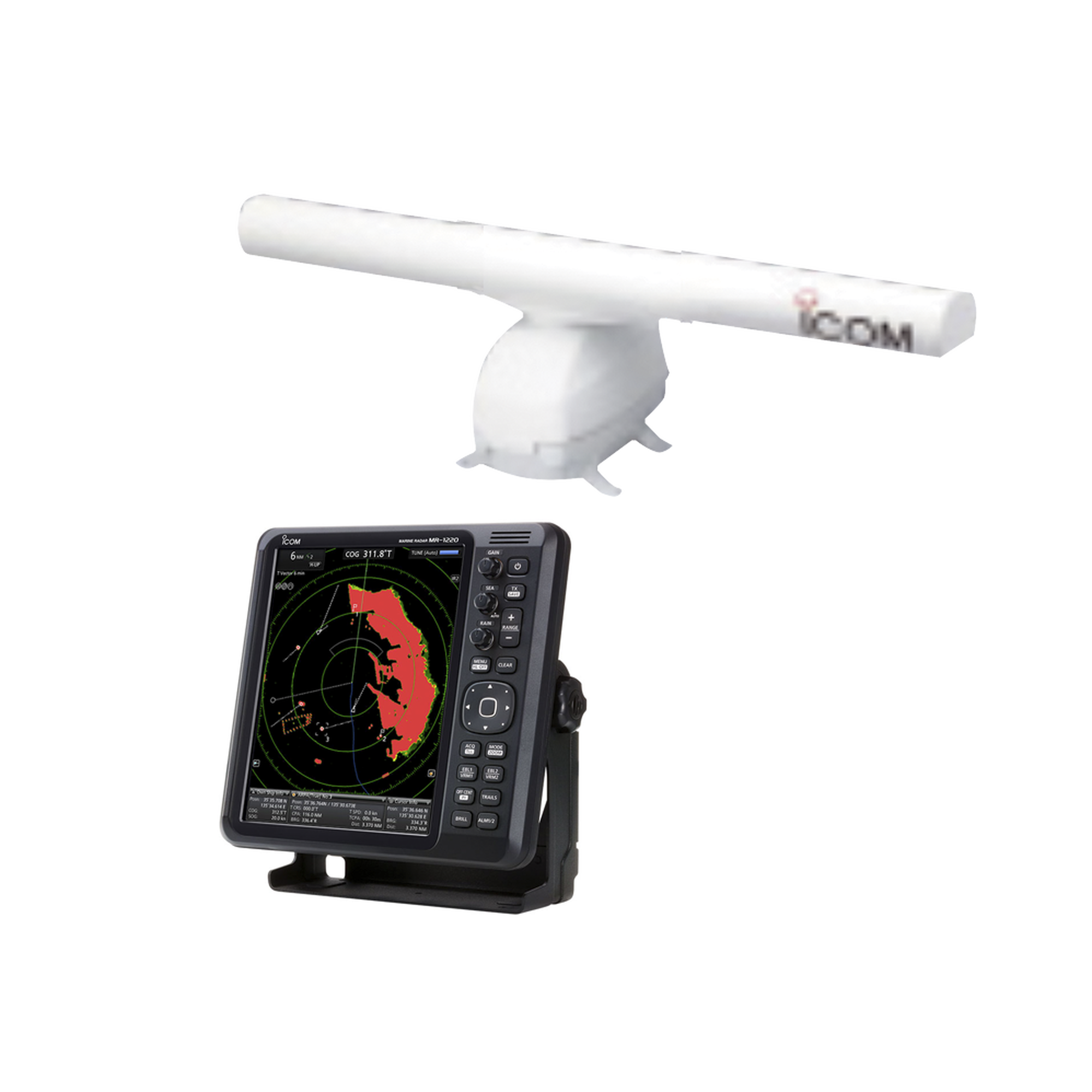 Sistema de radar con antena tipo matriz abierta de 4 pies a 72 Millas Náuticas, y pantalla a color MR1220E de 12.1"
