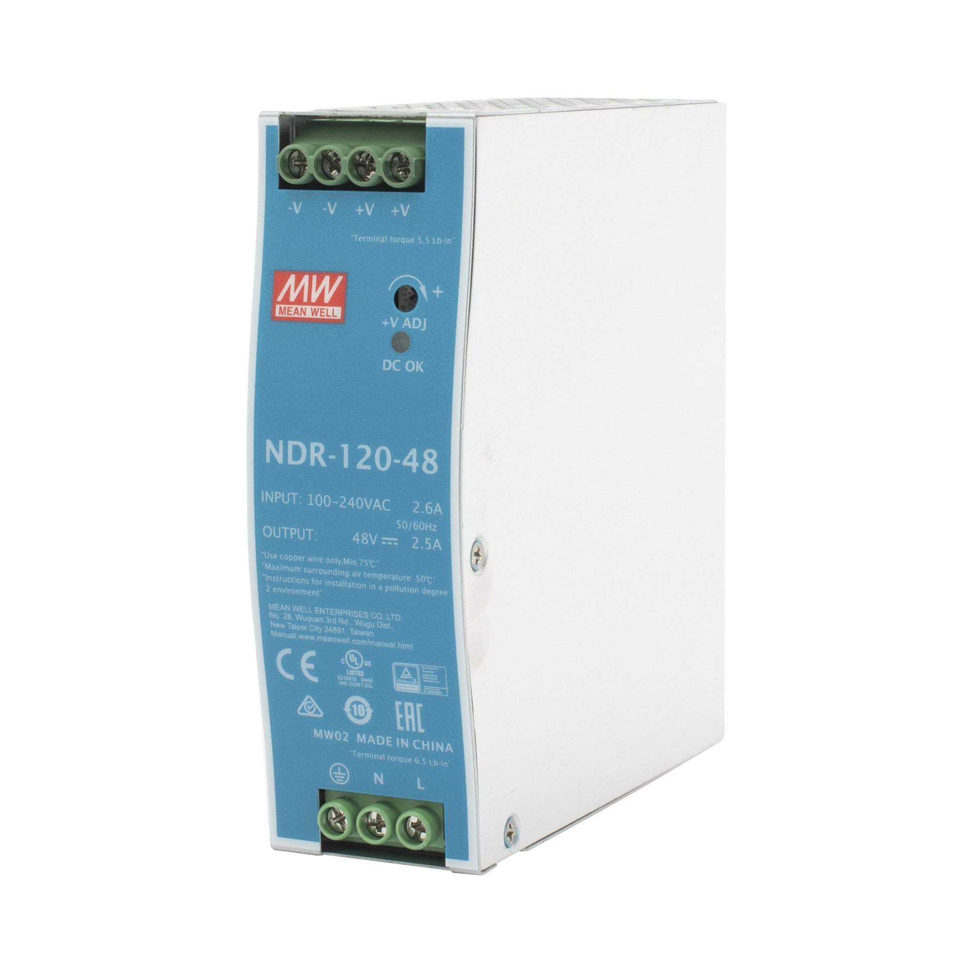 Fuente de poder industrial de 120 W, salida 48 Vcc, entrada 90~264 VCA, para montaje en riel DIN,