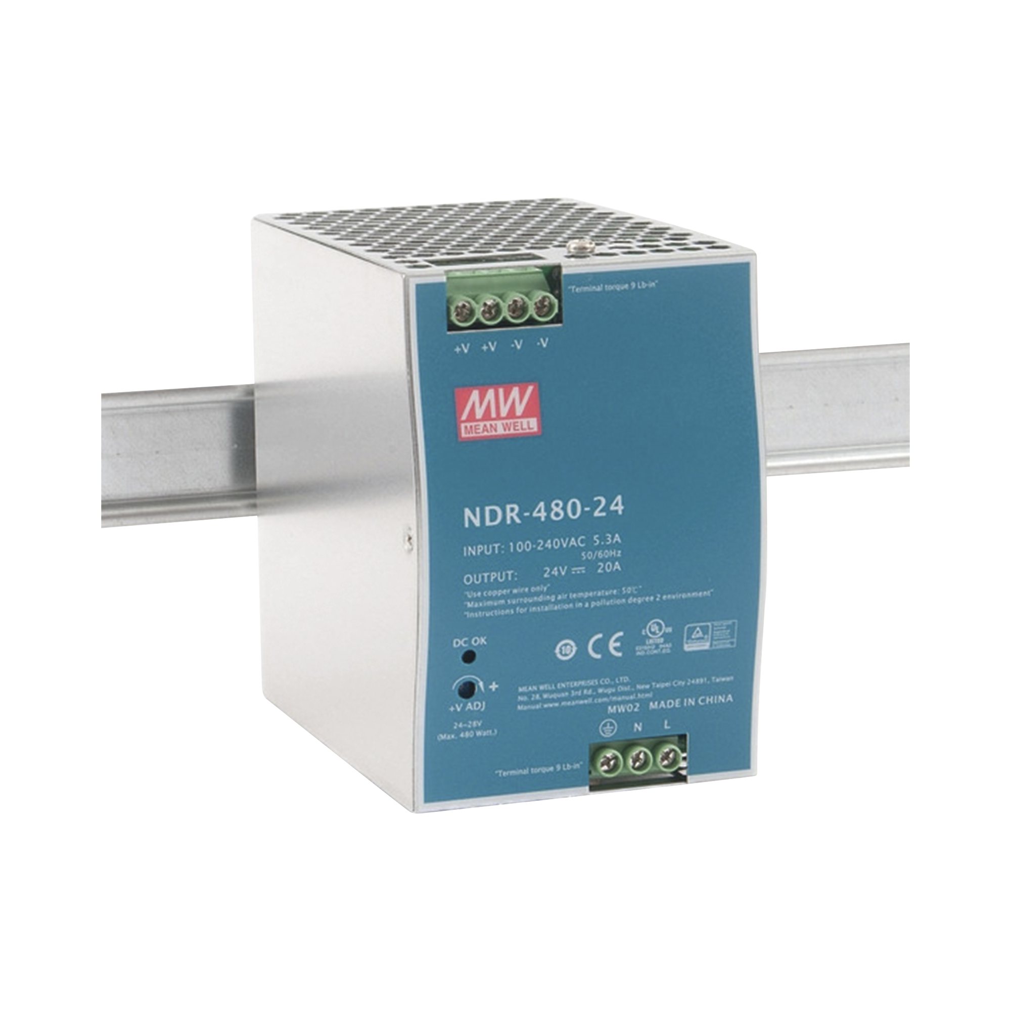 Fuente de Poder Industrial de 480W, salida 24 Vcc, para montaje en Riel Din