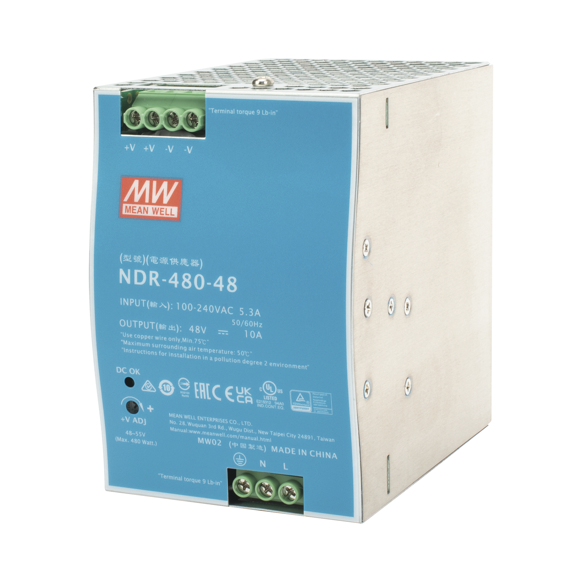 Fuente de Poder Industrial de 480W, salida 48 Vcc, para montaje en riel Din