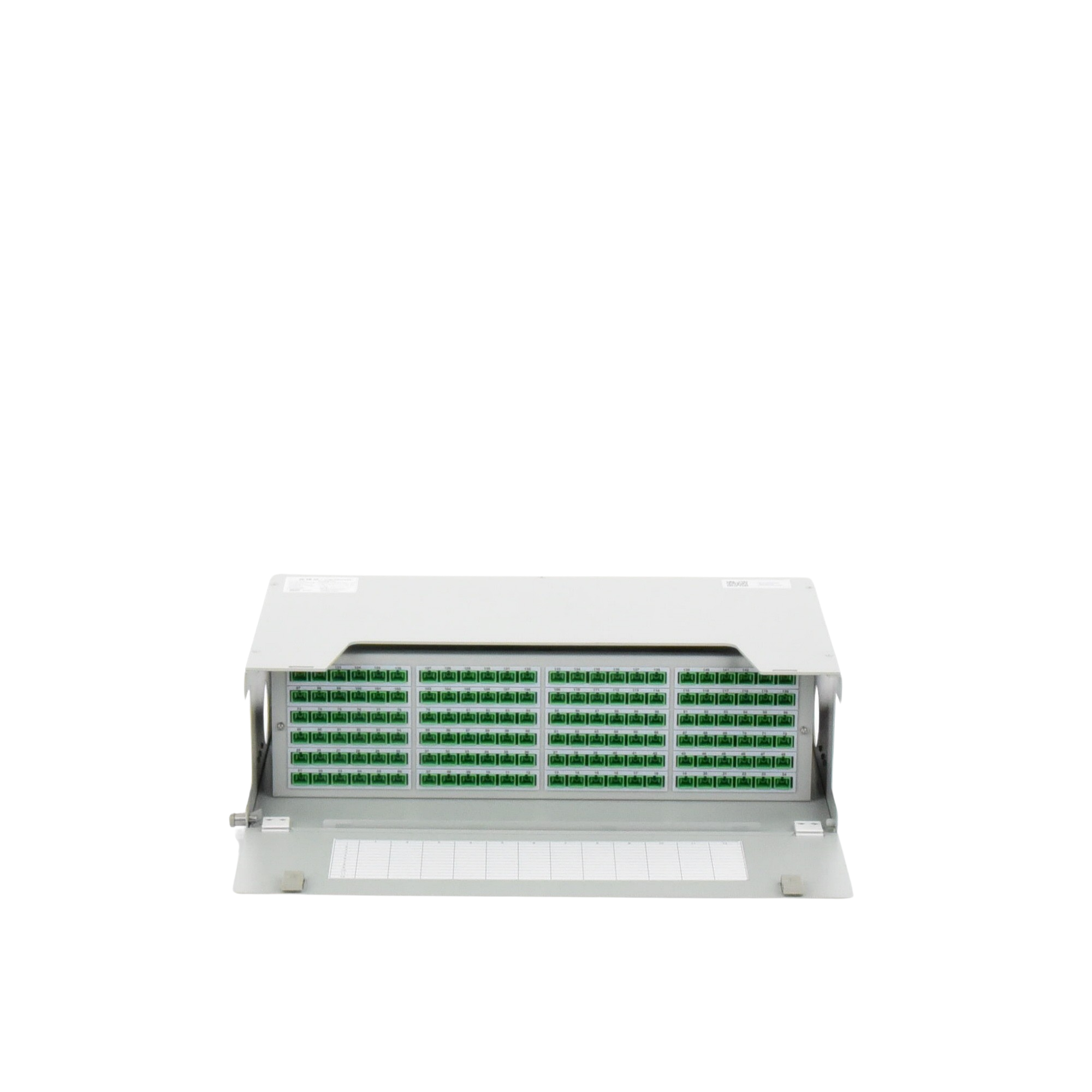 Distribuidor de Fibra Óptica para 144 empalmes, con 144 acopladores SC/APC y 144 pigtails SC/APC, 19", 3 UR