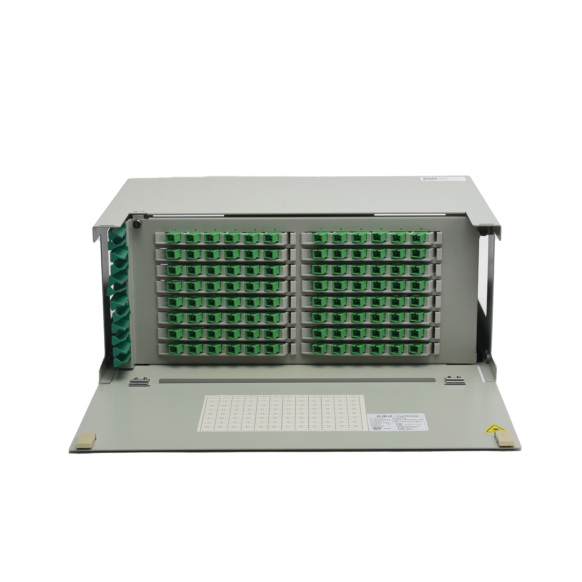 Distribuidor de Fibra Óptica para 96 empalmes, con 96 acopladores SC/APC y 96 pigtails, 19", 4 UR