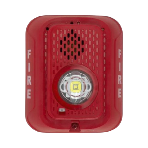 Sirena con Lámpara LED Estroboscópica / a 2 Hilos / Montaje en Pared / 16 a 24 Vcd / Configuración Estroboscópica Seleccionable / Texto en Inglés / Color Rojo