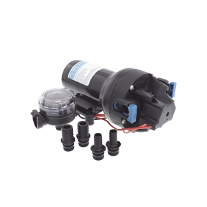 Bomba controlada por presión Par Max para trabajo pesado a 12 Vcd, caudal de 5 GPM, presión máxima 40 psi, para manguera de entrada con orificio de 38 mm (1¬Ω”), manguera de descarga con orificio de 25 mm (1”)
