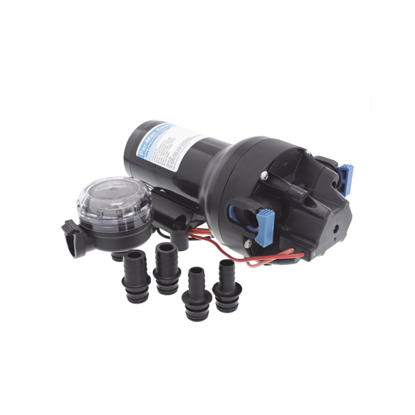 Bomba controlada por presión Par Max para trabajo pesado a 12 Vcd, caudal de 5 GPM, presión máxima 40 psi, para manguera de entrada con orificio de 38 mm (1¬Ω”), manguera de descarga con orificio de 25 mm (1”)