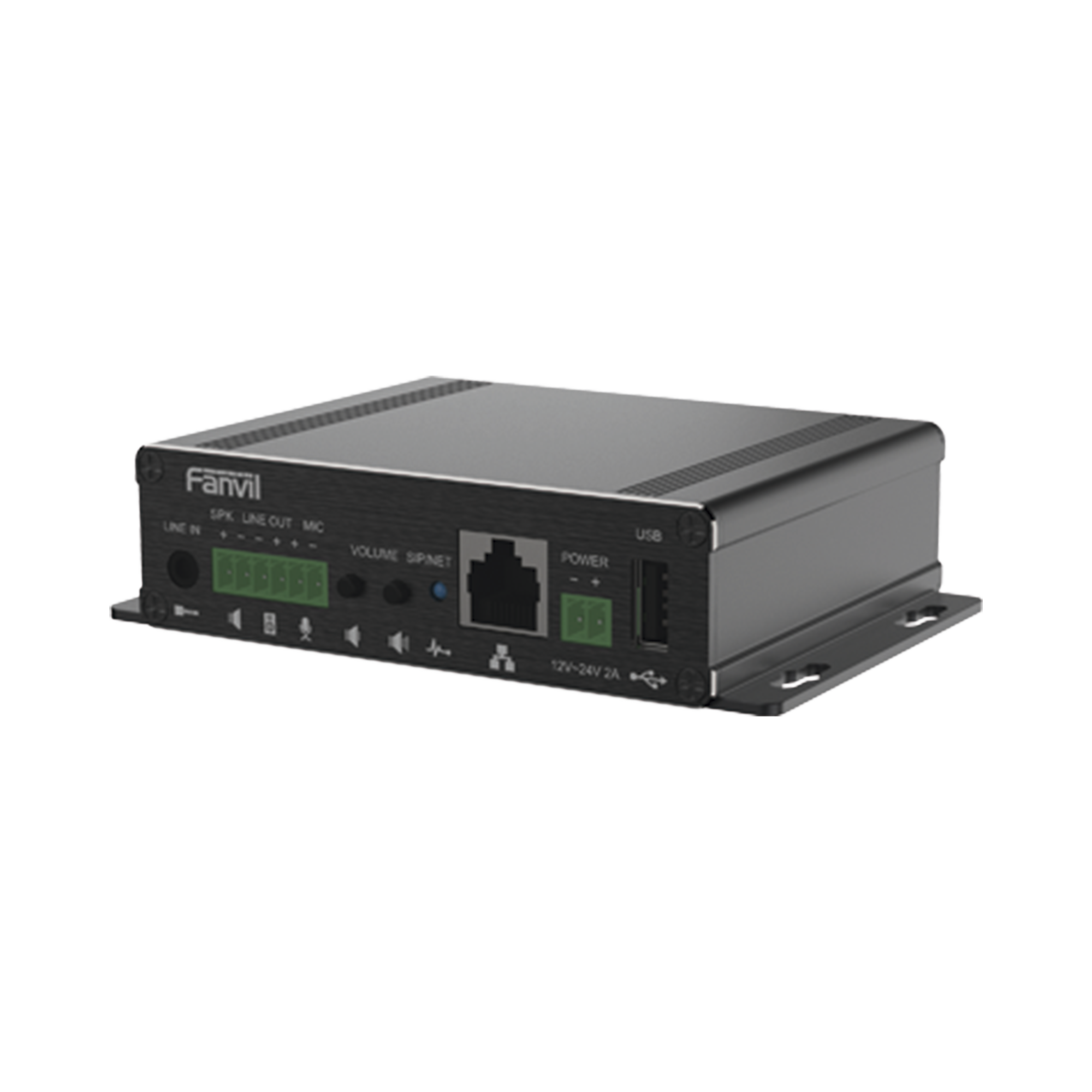 Gateway para Voceo IP/SIP,  Entrada de audio (3.5mm), salida de amplificador integrado de hasta 30W, puerto USB (reproducción de MP3),