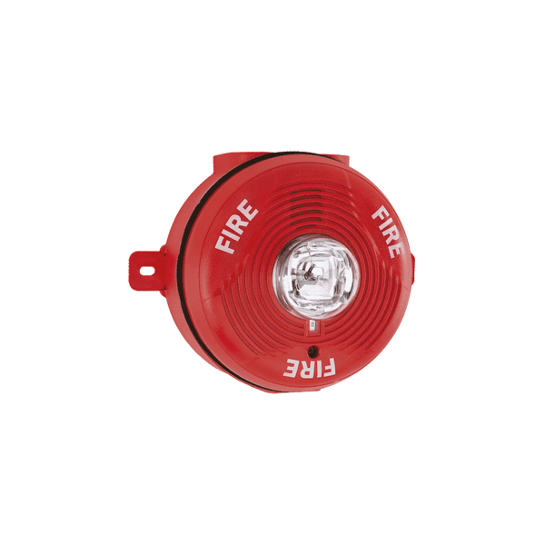 Sirena con Lámpara Estroboscópica para Exterior, Montaje en Techo, Nivel de Candelas Seleccionable, Color Rojo