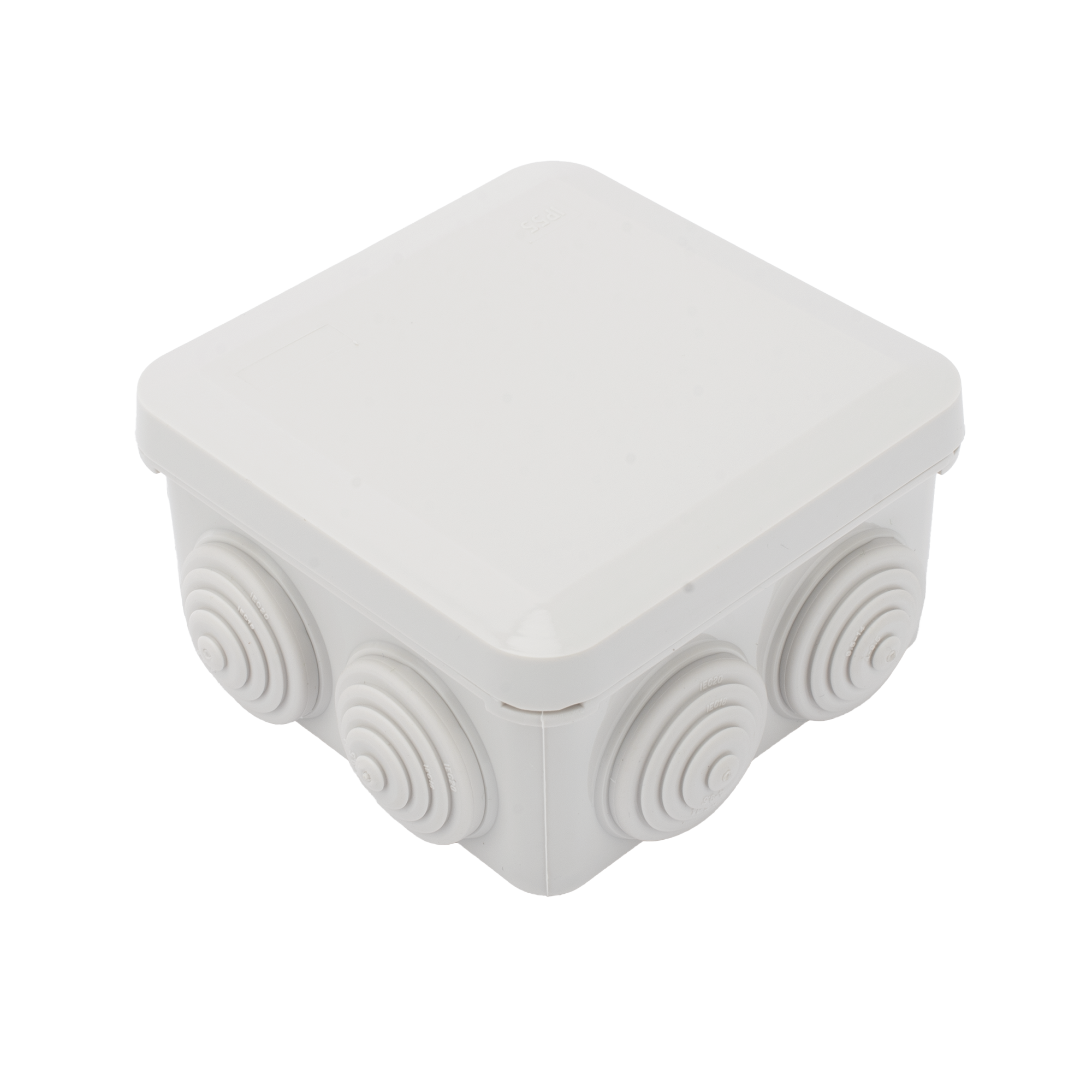 Caja Derivación-Conexión de Plástico (89 X 89 X 50 mm) con 7 Glándulas de Goma. Para Instalaciones Comerciales,  Residenciales e Industriales. Cerrado a Presión.