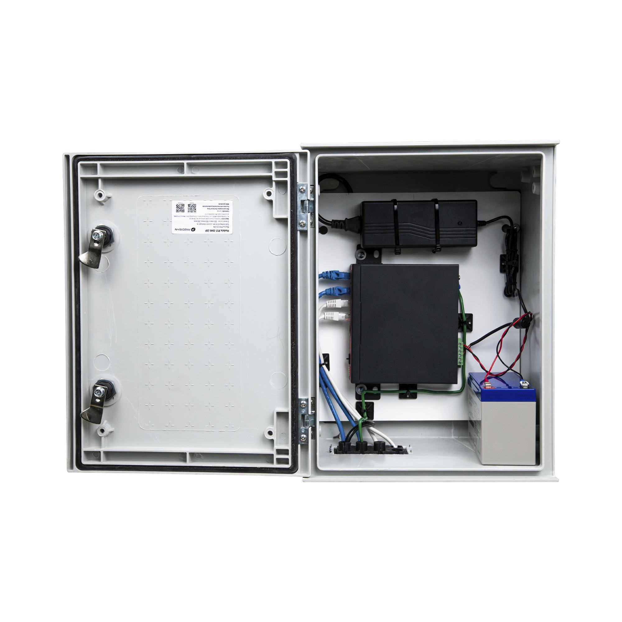 KIT de Gabinete de Poliéster (300 x 400 x 200 mm) + Controlador de Carga con Switch PoE (5) + Batería de 12V 7Ah